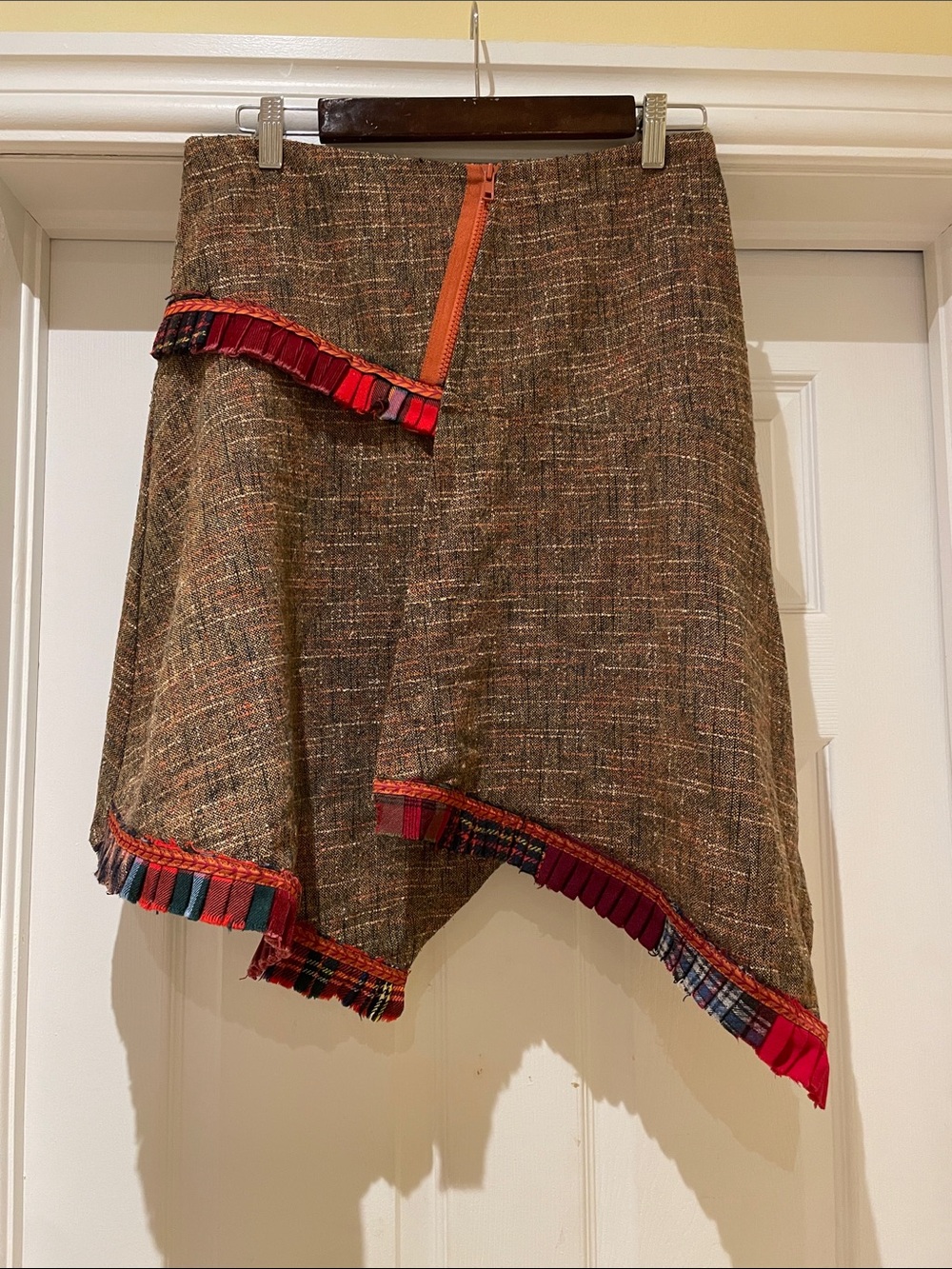 Myco Anna Asymmetrical Brown Tweed Skirt with Plaid Trim Artsy M-L